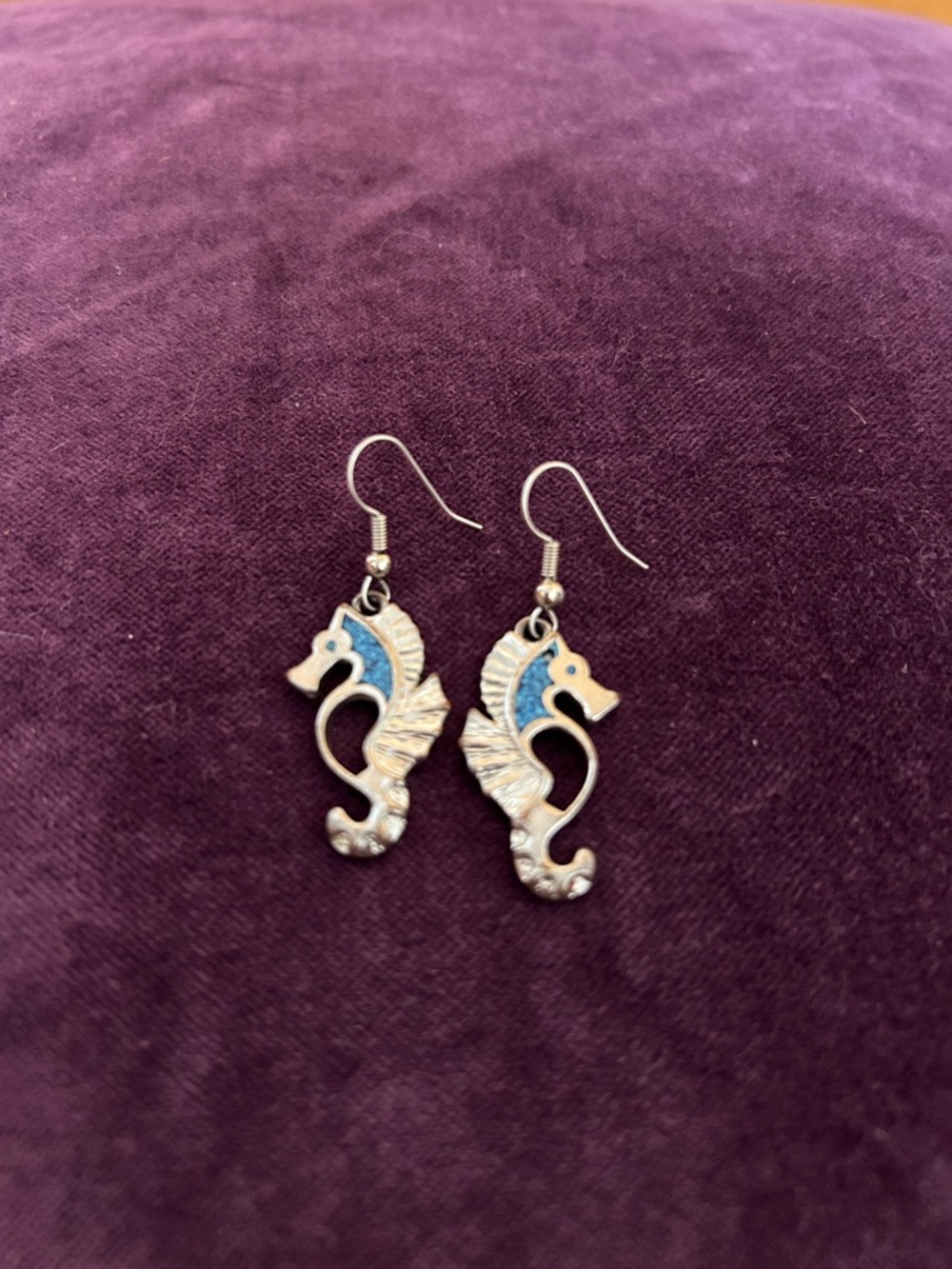 Sea Horse Dangle Earrings in Light Blue and Silver